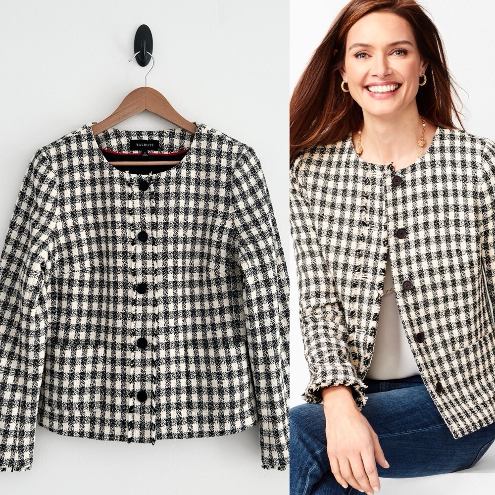 Talbots Women's Size 6 Black White Multicolor Gingham Tweed Blazer Jacket NWOT